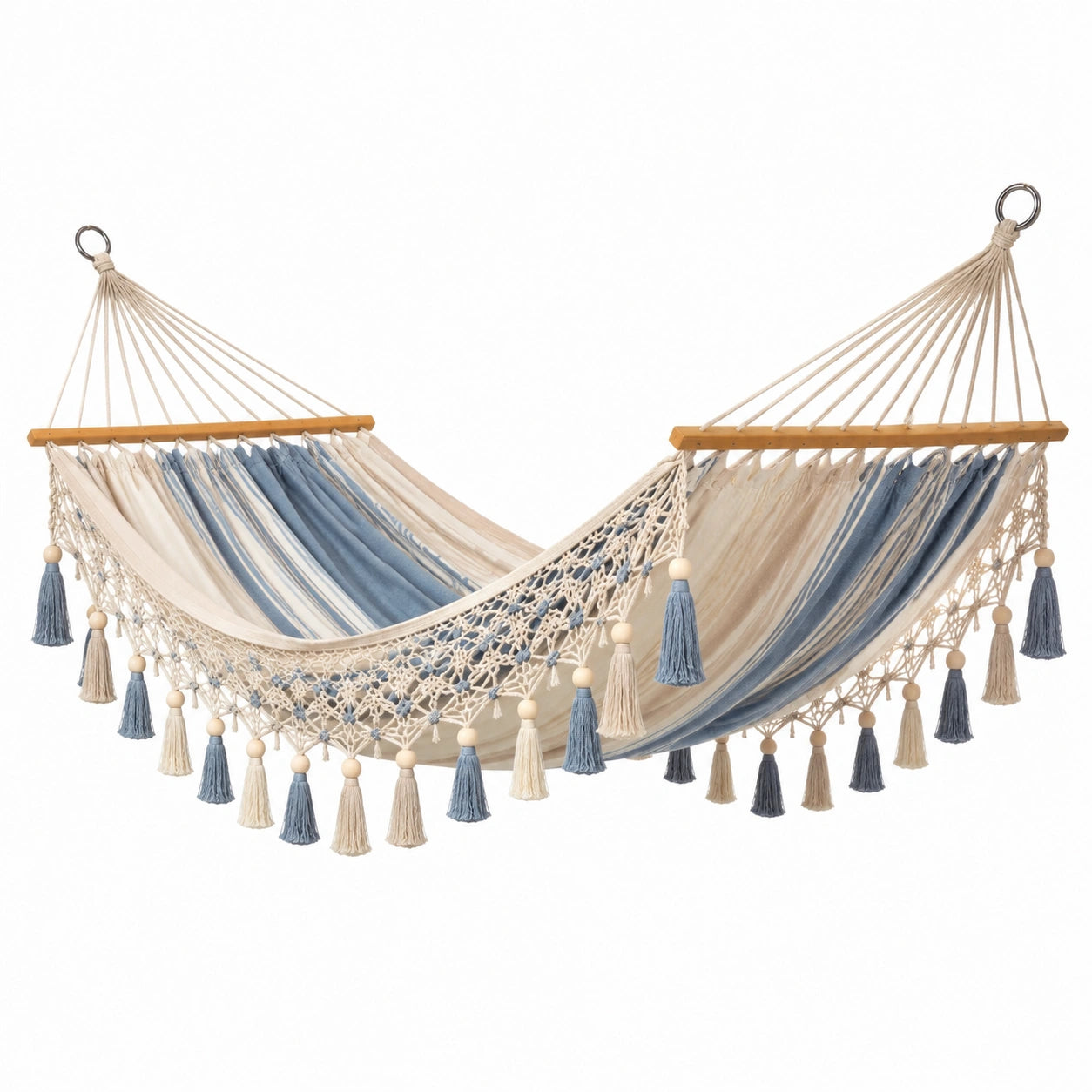 Amaca in cotone con frange blu e beige
