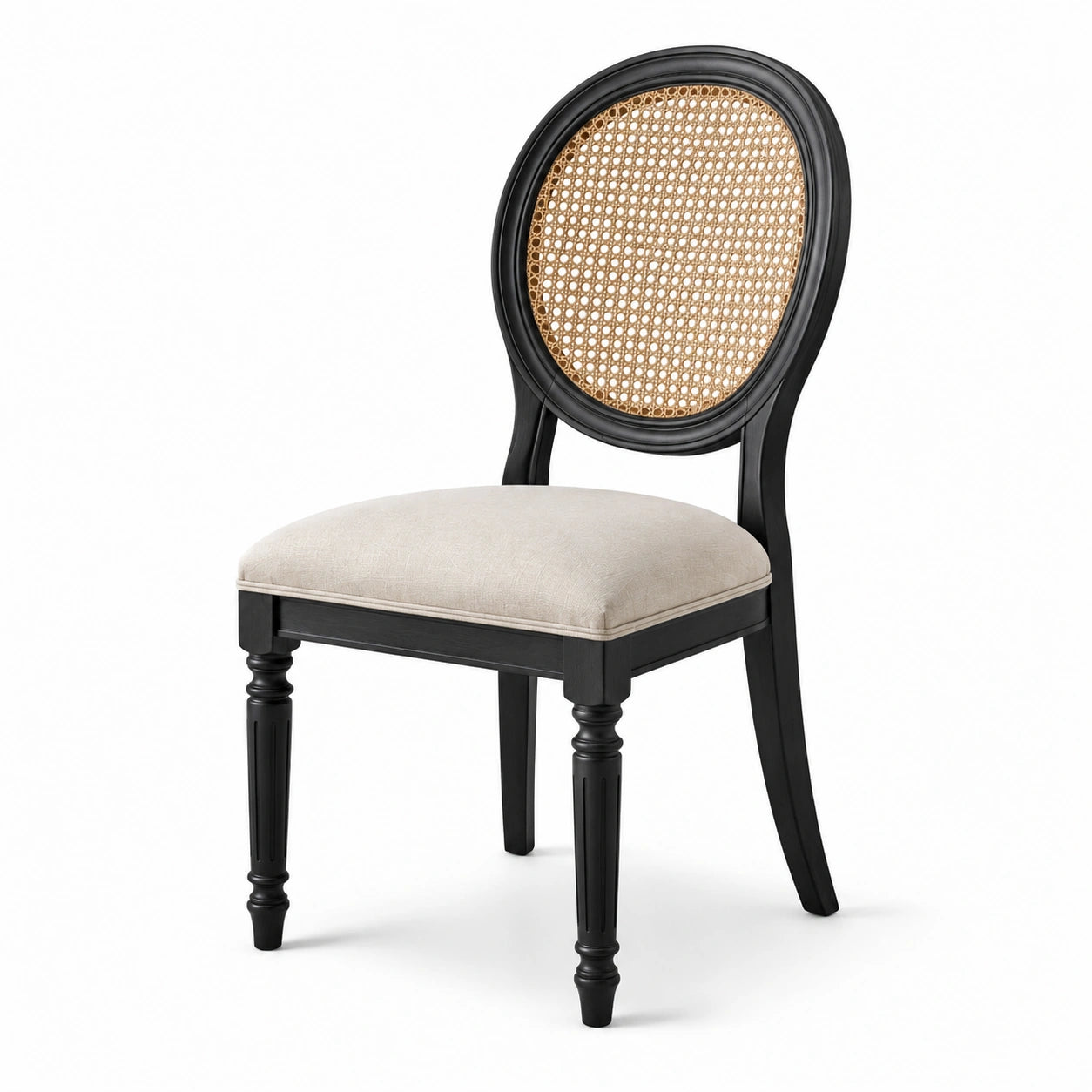 Sedia da pranzo con schienale in rattan e telaio in legno nero