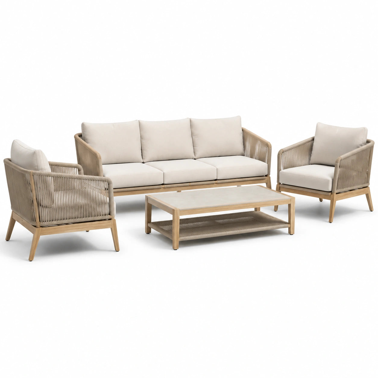 Set Salotto in Legno e Corda Polietilene con Cuscini Beige