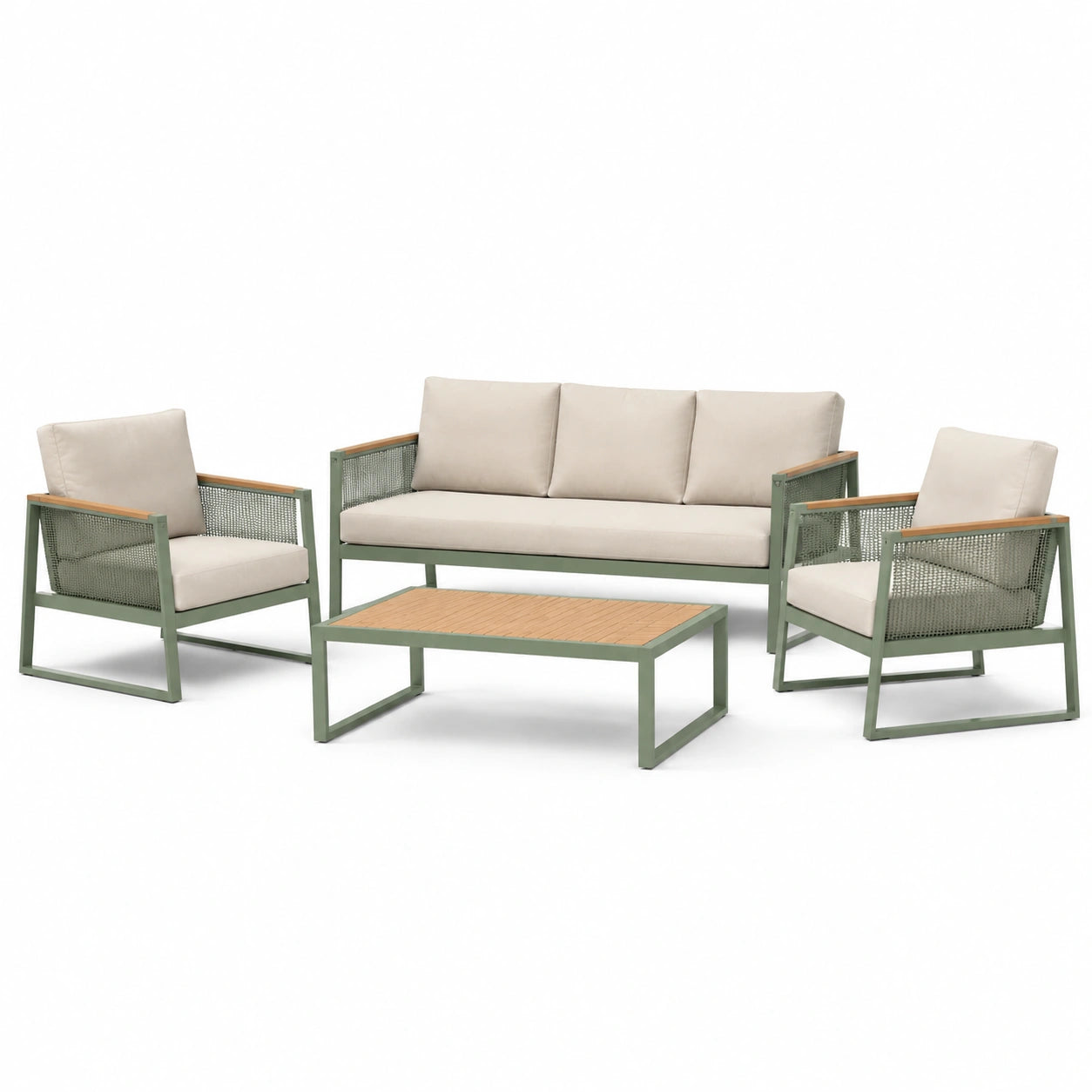 Set da giardino in metallo verde con cuscini beige