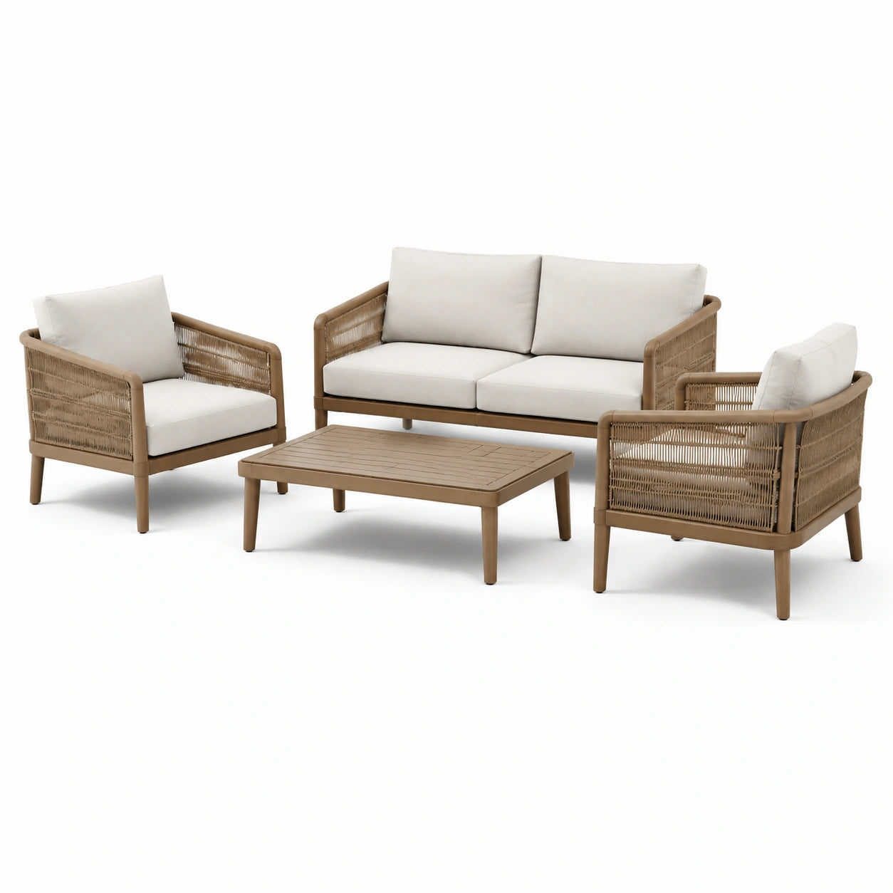 Set da Giardino in Legno e Rattan Sintetico con Cuscini Beige