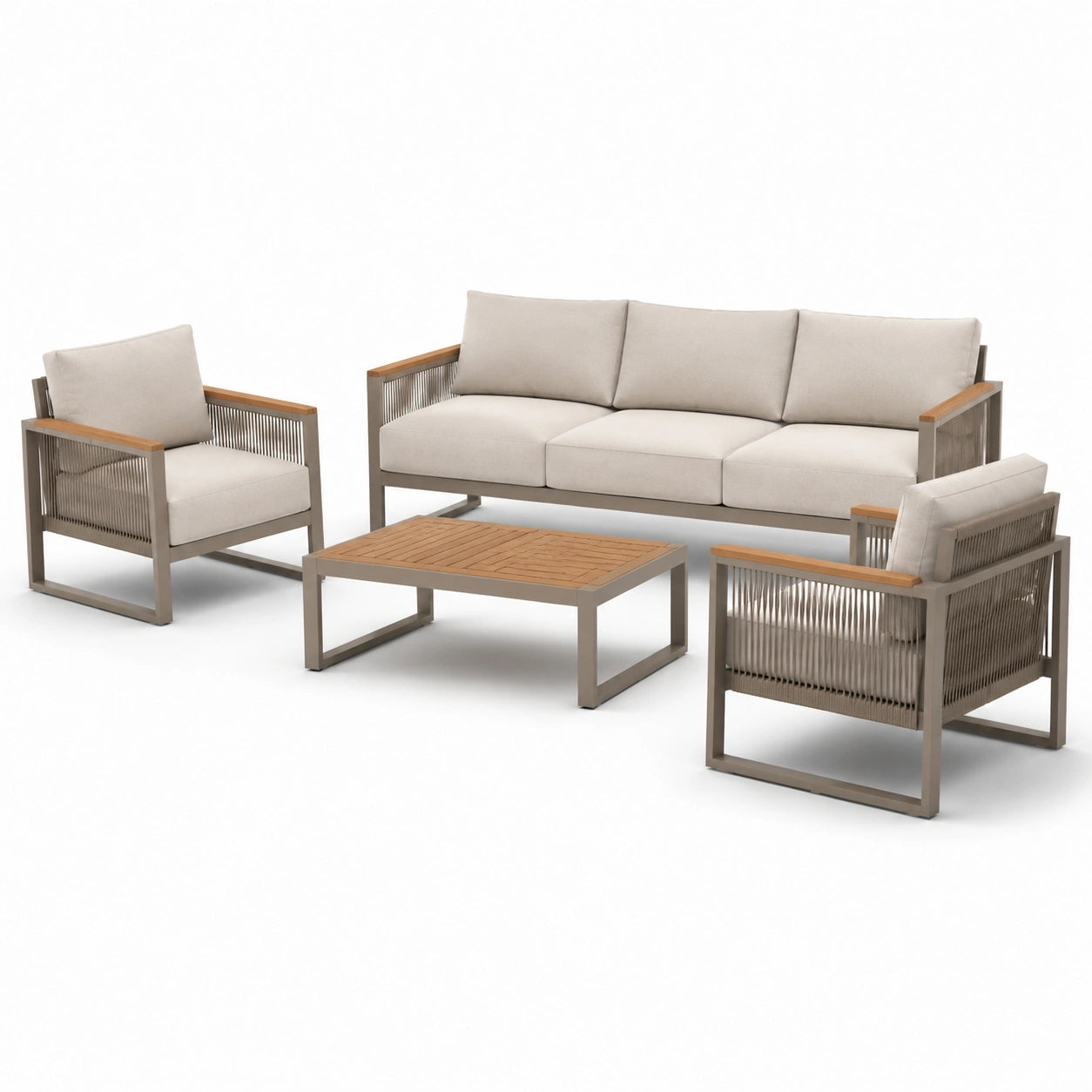 Set da giardino in metallo e corda beige con tavolino in legno di acacia