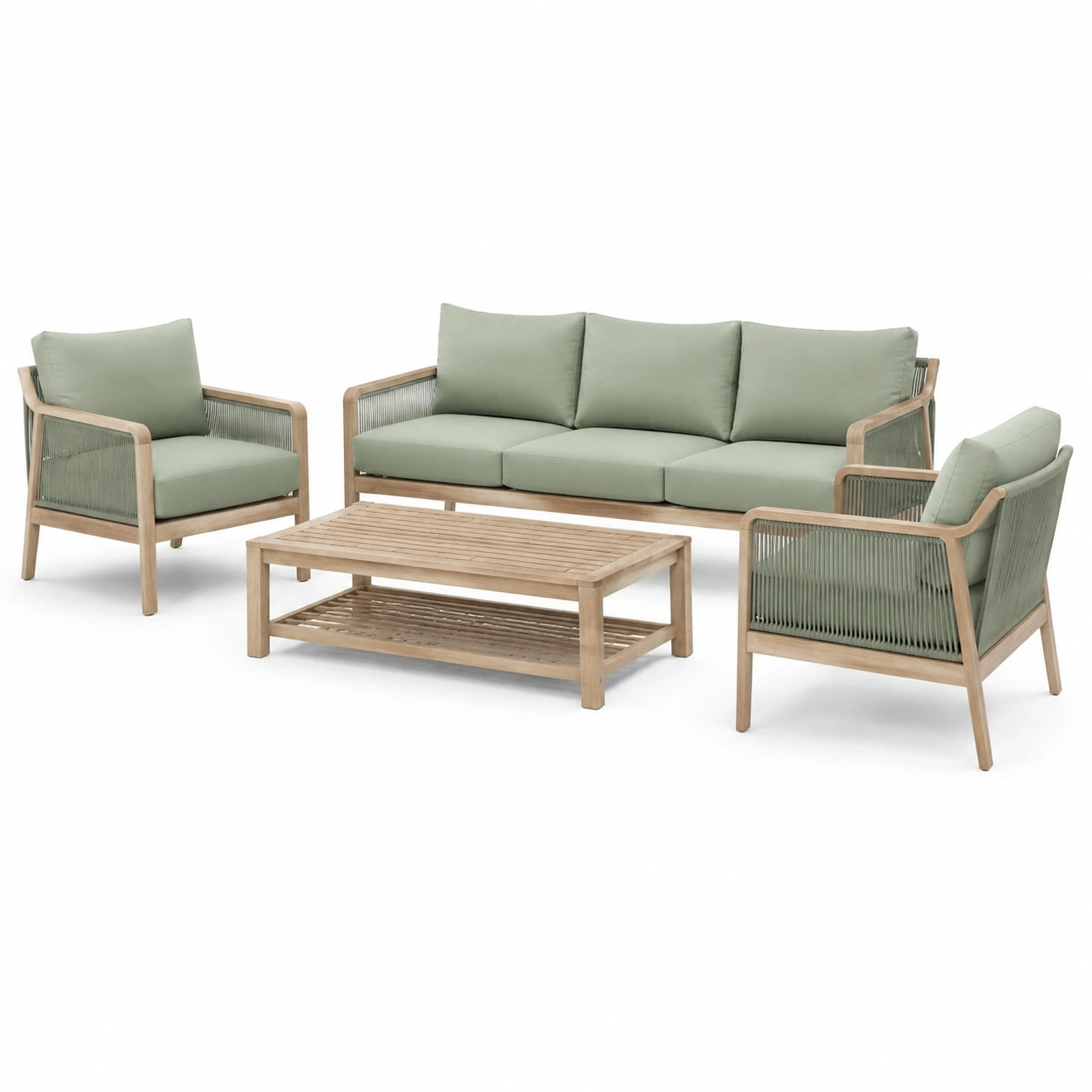 Set da giardino in legno di teak e corda con divano e poltrone verdi