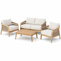 Set da giardino in legno teak con cuscini beige, 2 poltrone, divano e tavolo