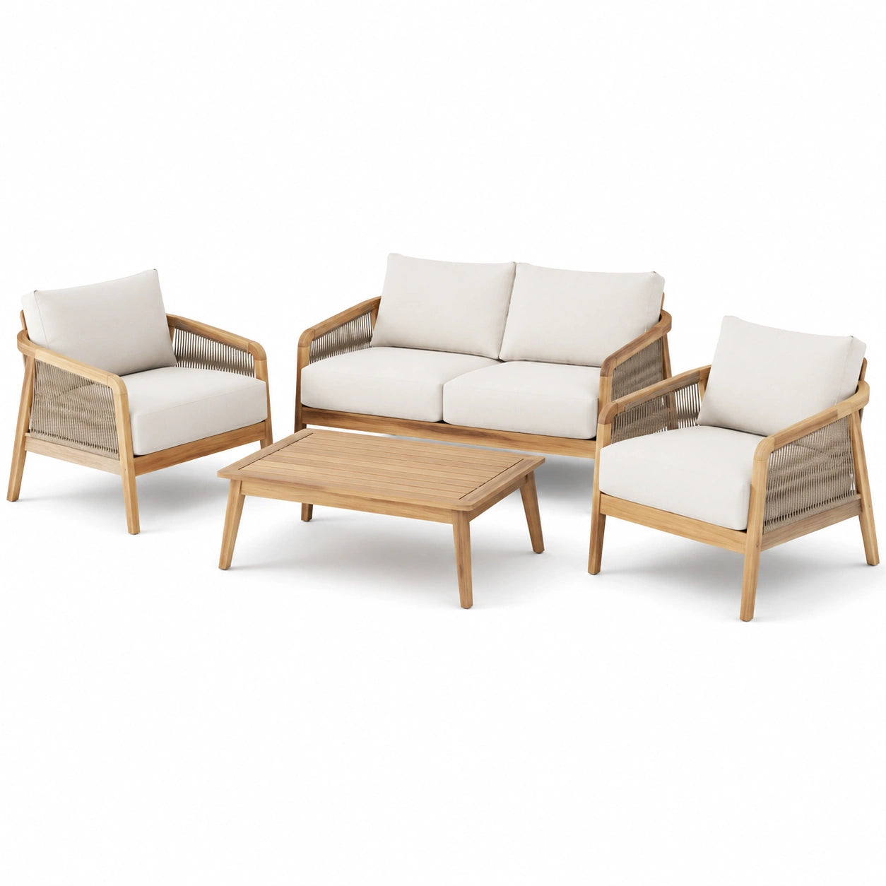 Set da giardino in legno teak con cuscini beige, 2 poltrone, divano e tavolo