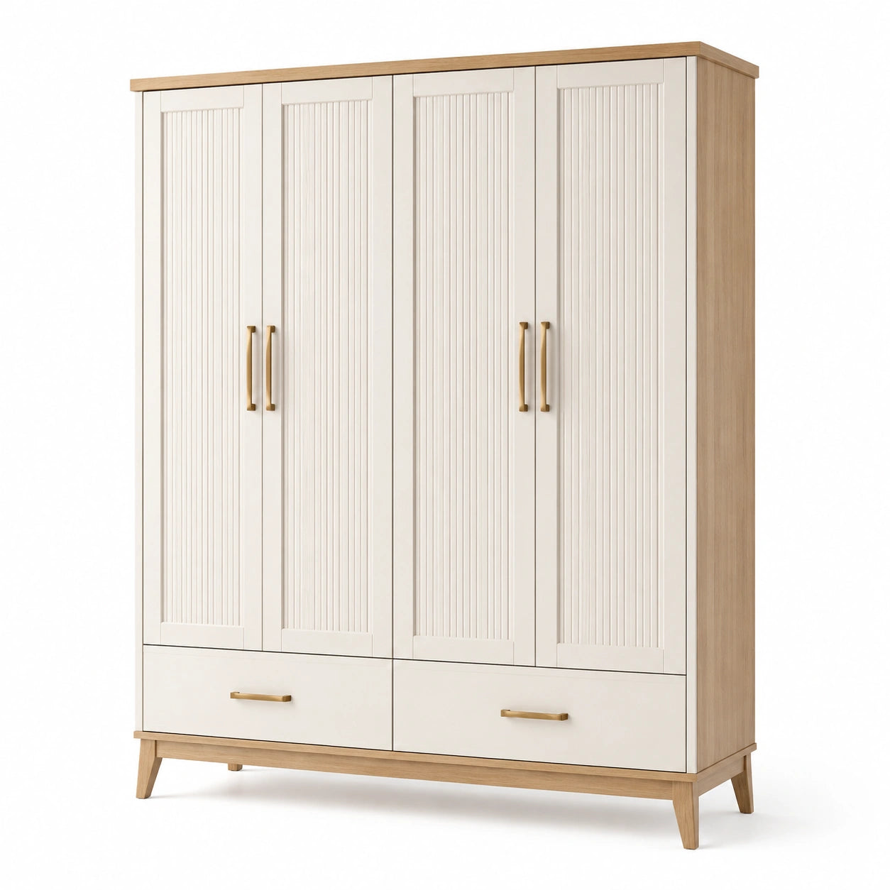 Armadio a 4 Ante in Legno e Melaminico Bianco con Maniglie Dorate