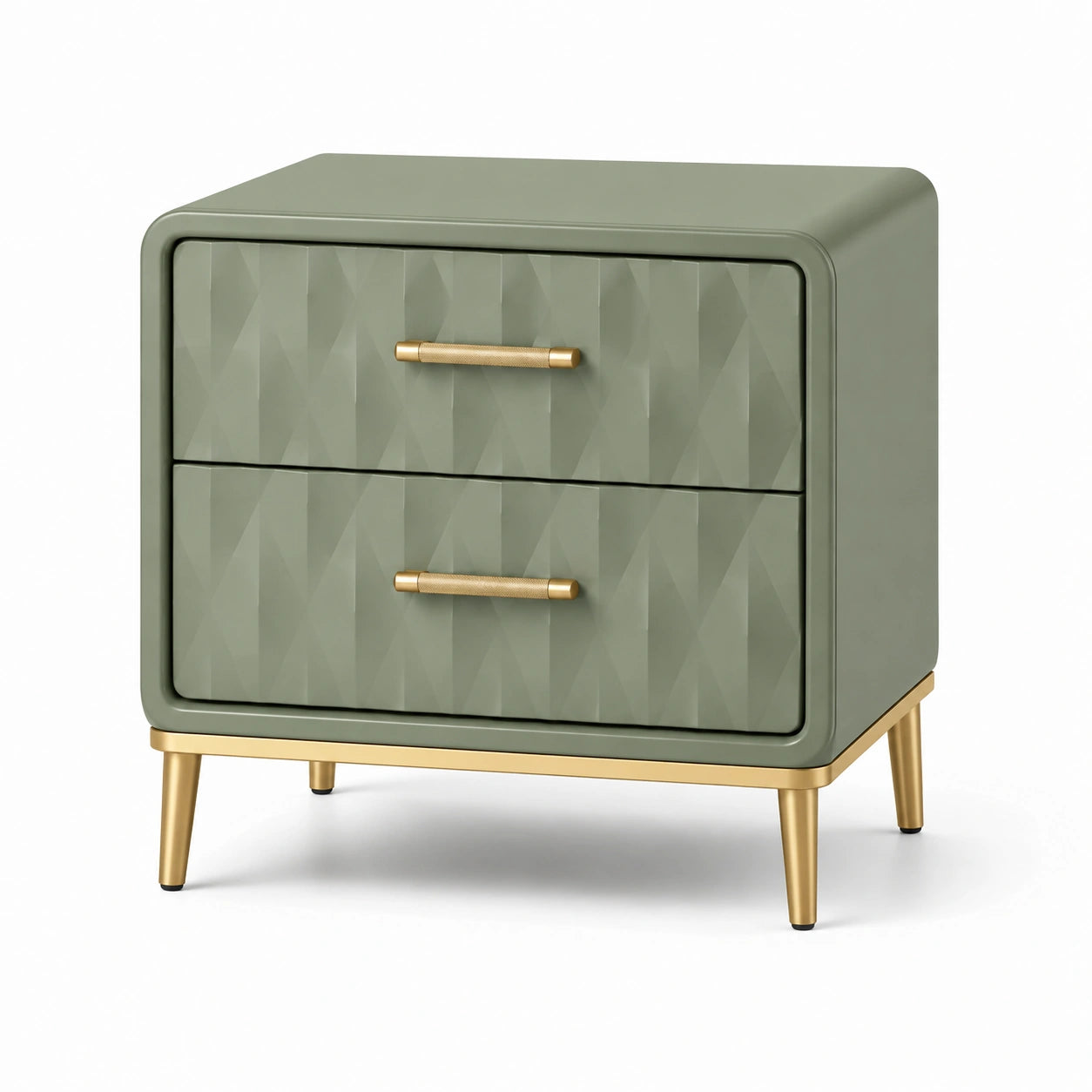 Comodino in legno e metallo verde oliva con cassetti