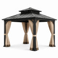 Gazebo da Esterno in Alluminio Nero con Tende in Poliestere Beige
