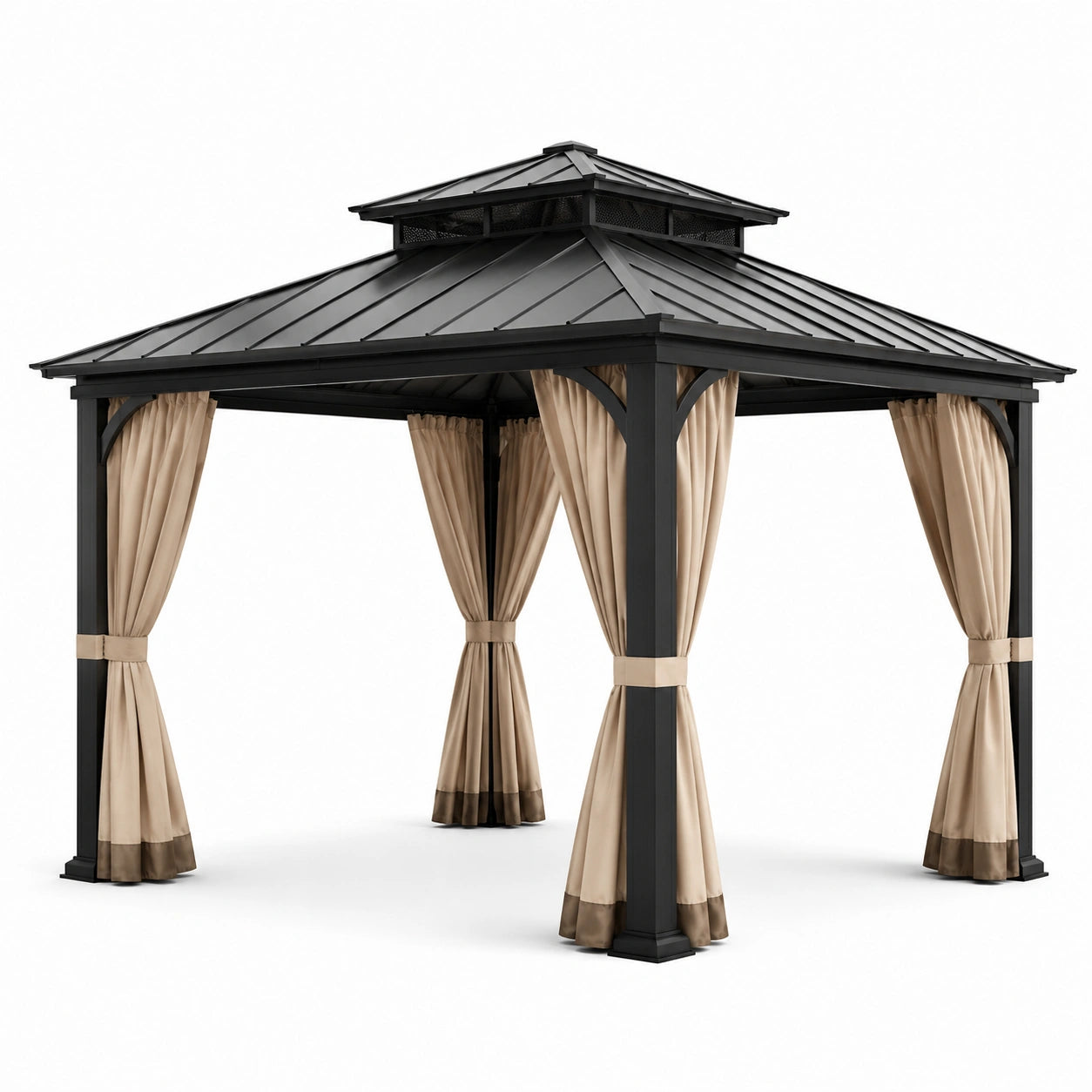 Gazebo da Esterno in Alluminio Nero con Tende in Poliestere Beige