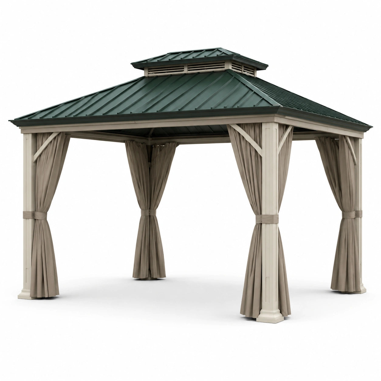 Gazebo da Giardino con Tetto in Acciaio Verde e Tende in Poliestere Beige
