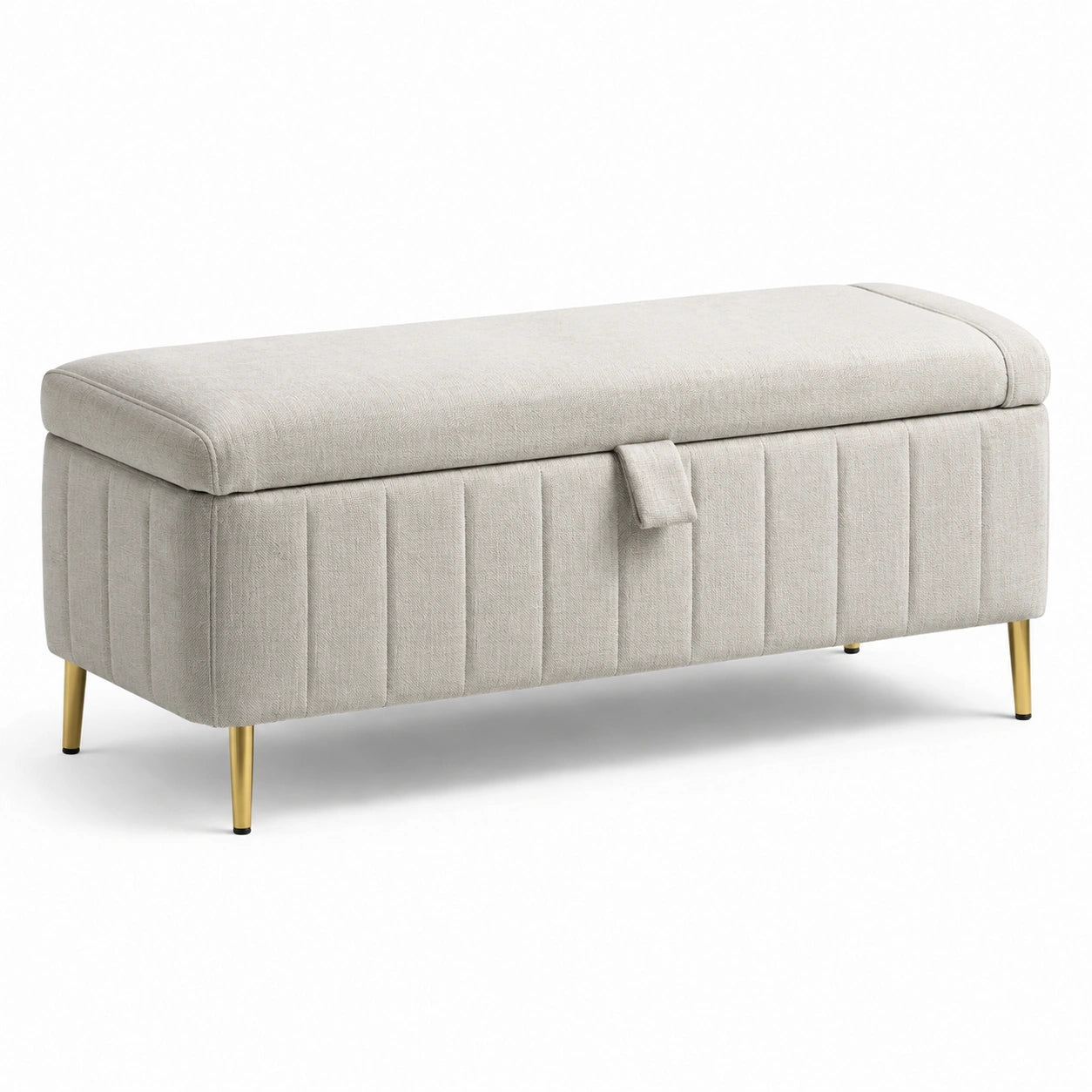 Panca contenitore in tessuto beige con gambe in metallo