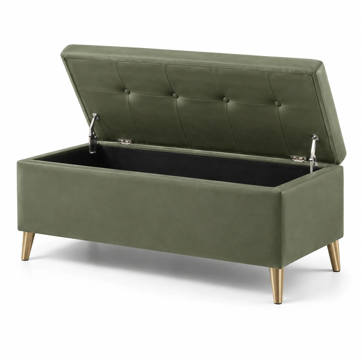 Panca contenitore in velluto verde con gambe in metallo